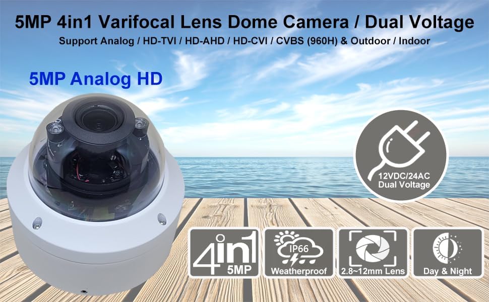 1stPV 5MP Super HD 4in1 Analog Security Dome Camera, DC12V/AC24V