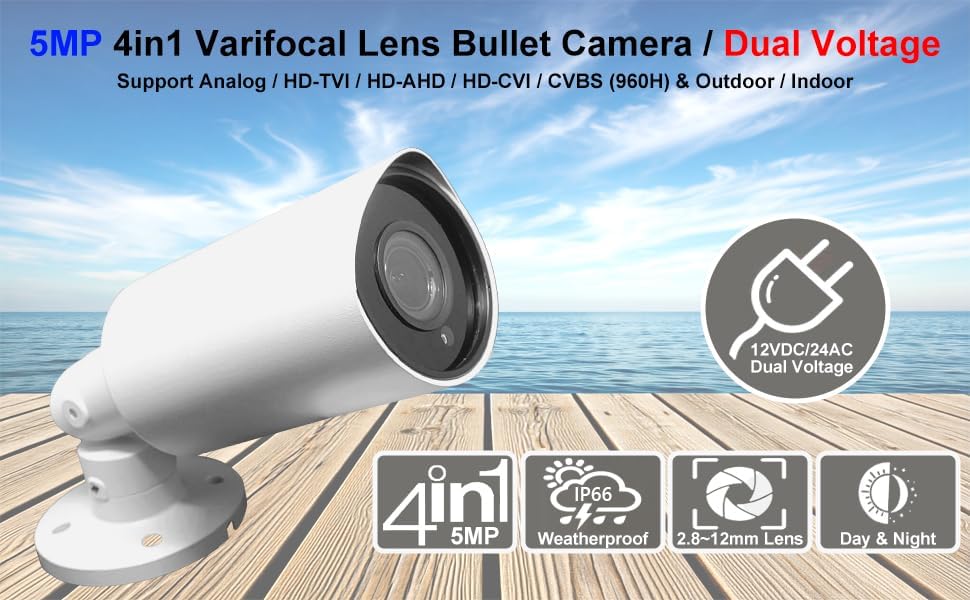 1stPV 5MP Super HD Analog Security IR Bullet Camera, 12VDC/24VAC