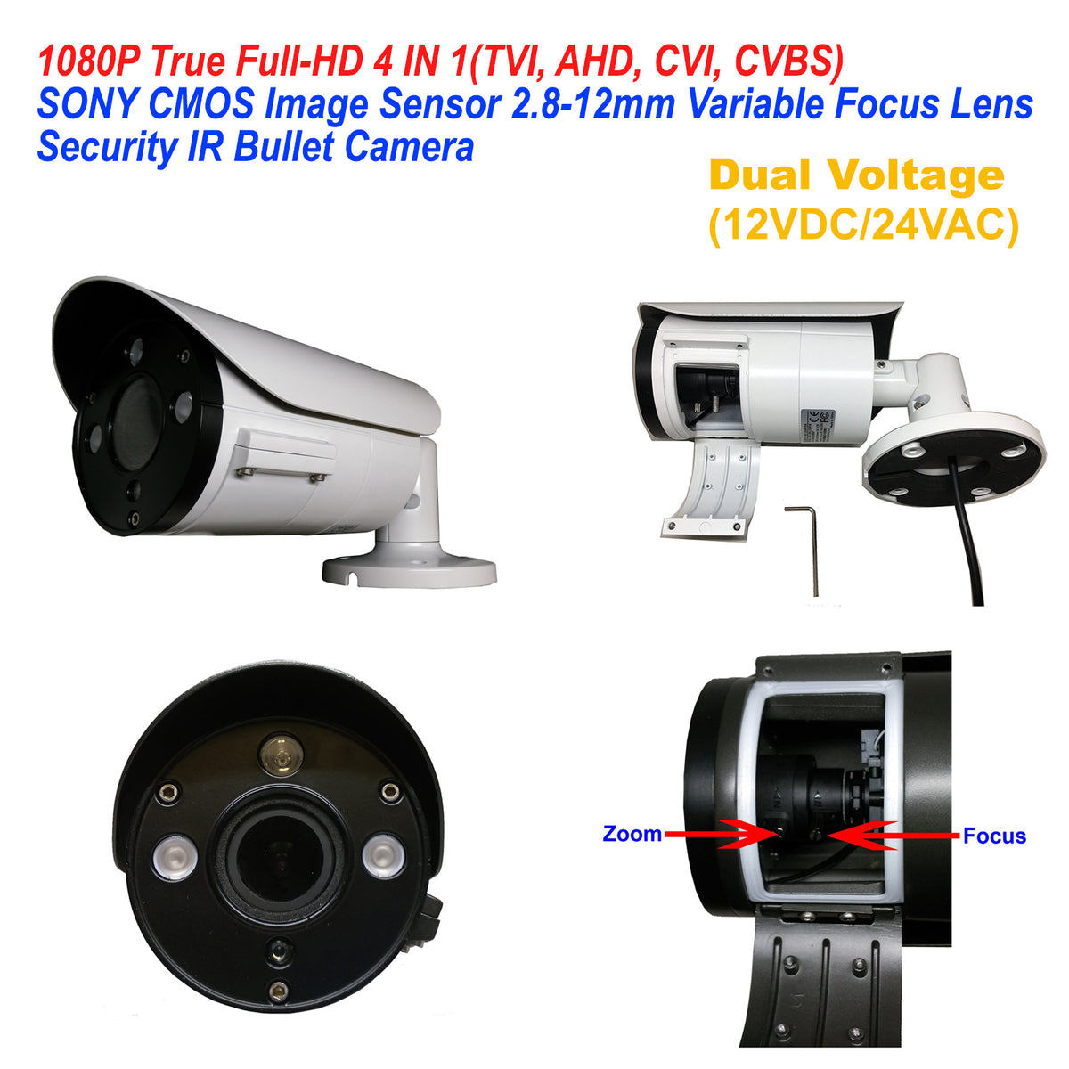 [1PV-2812TVBDRW] 1stPV Security Bullet Camera 2.8-12mm Varifocal Lens Dual Power DC12V AC24V TVI/AHD/CVI/CVBS