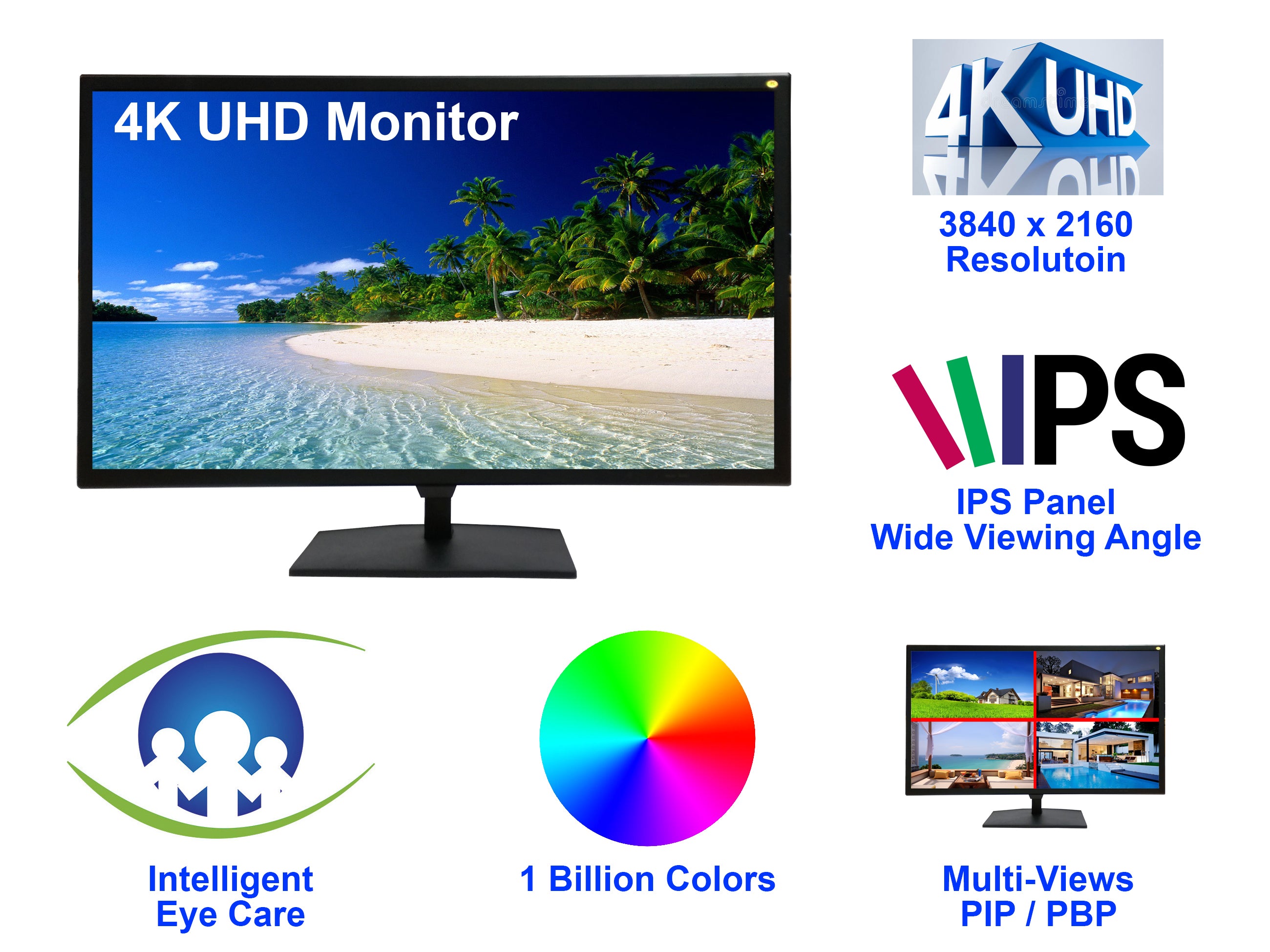 1stPV 28" Professional LED Security Monitor, 4K (3840 x 2160) UHD Resolution, Build-in 3D Comb Filter & De-Interlace, Quad/PIP/POP, HDMI1@60Hz, HDMI2&3@30Hz, DP@60Hz, 1.073G Color, Super Slim Design
