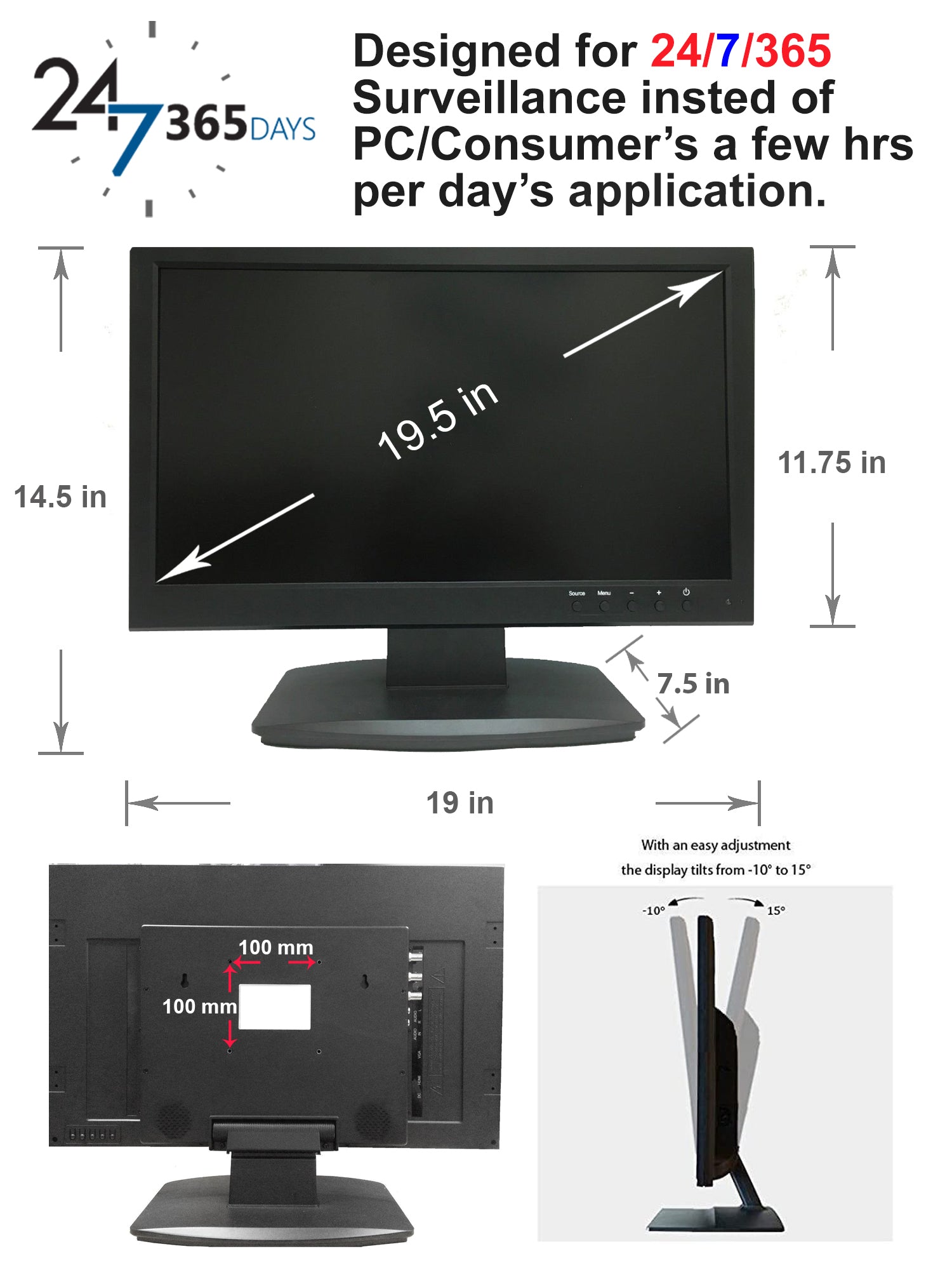 1stPV 19.5" HD-TVI,AHD,CVI/CVB Analog HD 16:9 LED Security Monitor 1x HDMI & 2X BNC Video Inputs CCTV DVR Home Office Surveillance System